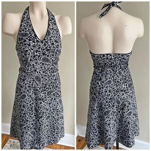 Ann Taylor Black White Halter Dress | Paisley Floral Open Back Fit & Flare Y2K